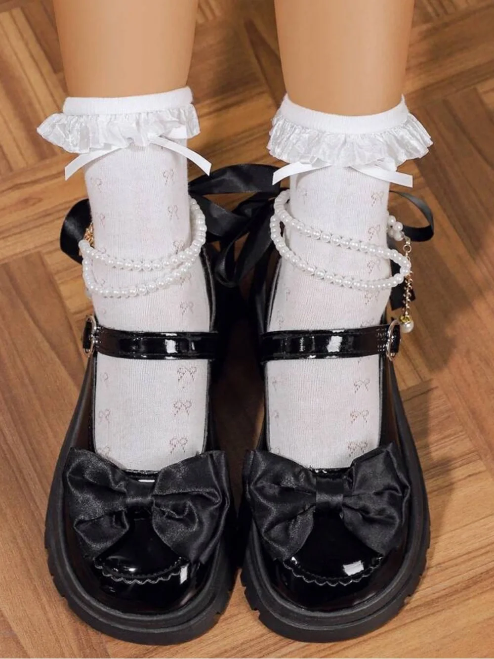 Black Patent Mary Jane Lug Sole Platform Shoe Pearl Ankle Strap Bows Women 37 EU